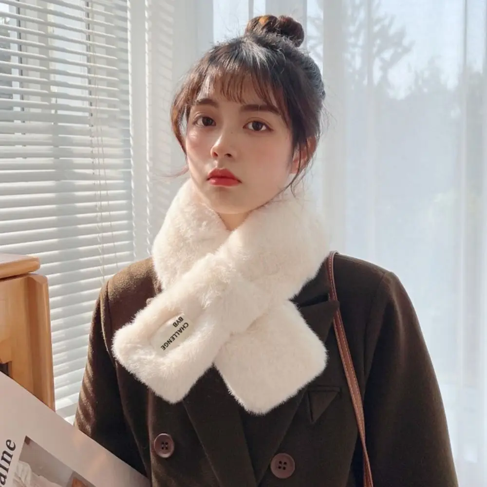 

Faux Rabbit Fur Plush Cross Scarf Cute Thicken Solid Color Neck Warmer Neck Scarf Girls