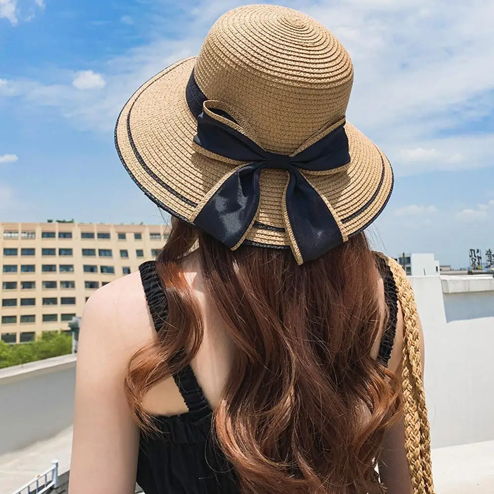 

Sun Hat Big Black Bow Summer Hats For Women Straw Beach Panama Hat UV Protection Visor Wide Brim Female Sun Hats 2023NEW