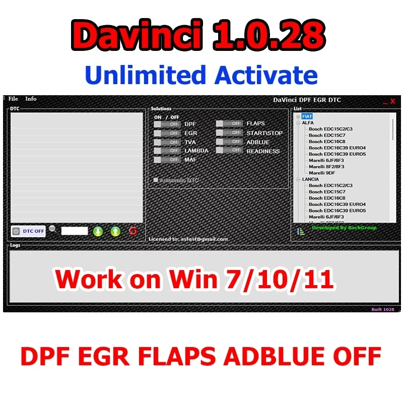 

Davinci 1.0.28 Unlimited Activate DPF EGR FLAPS ADBLUE OFF CHIPTUNING REMAPPING SW DAVINCI V1.0.28 ECU Programmer for Win7/10/11