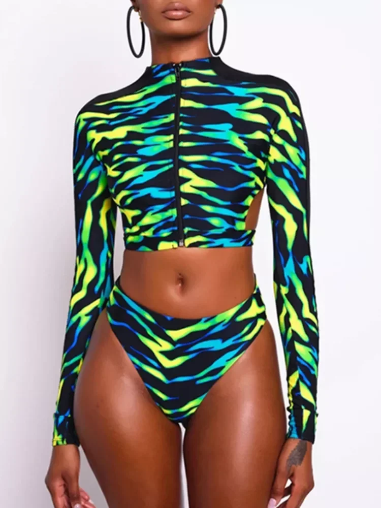 

Sexy Long Sleeve Women's Swimsuit 2022 Zipper African Swimwear Backless Bathing Suit High Waist Bikini Set Brazilian Beachwe