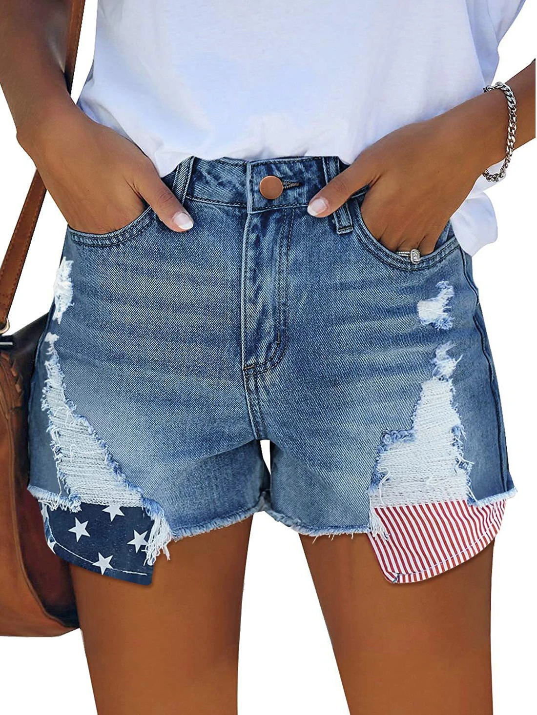 Summer New Independence Day Pocket Stars and Stripes Flag Ripped Hole Tassel Women's Jeans Casual Shorts