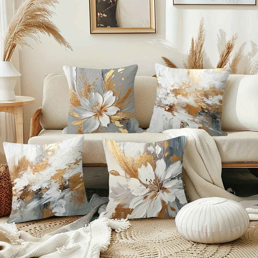 Фото Fundas almohada planas 2D - Paquete 4 mornas con diseño floral abstracto Impreso en 2D |   Fundas Corativas sin relleno, poliést №1