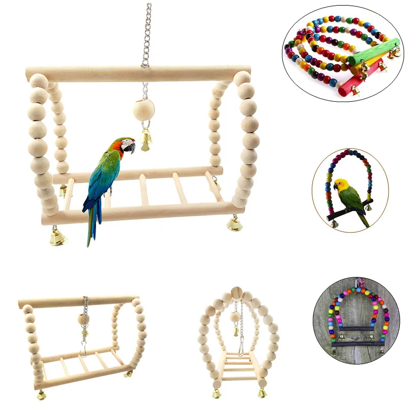 

Parrots Toys Bird Swing Exercise Climbing Hanging Ladder Bridge Wooden Rainbow Pet Parrot Macaw Hammock Bird Toy With Bells