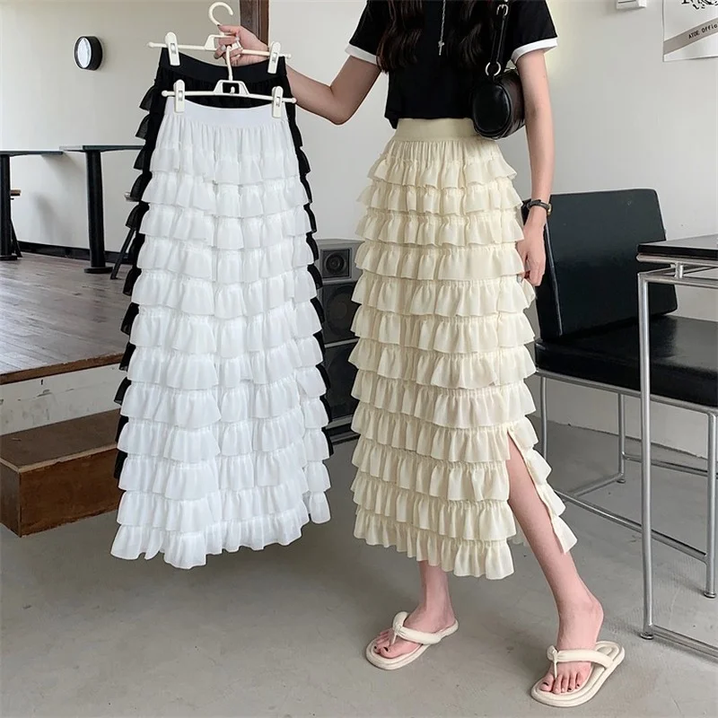 

Fairy Cakee Layered Slit Long Chiffon Pleated Skirt Solid White/Black Tiered A-line Calf Long Skirts
