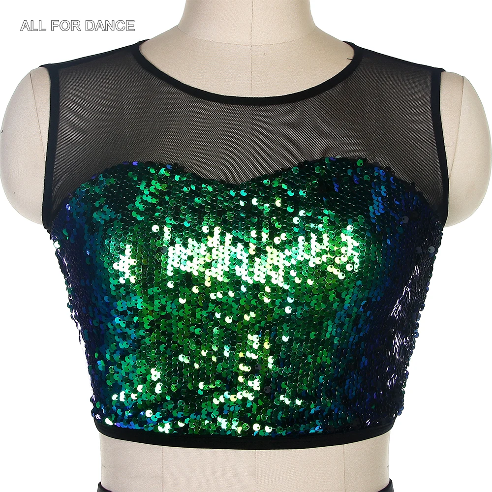 18037 Зеленый танцевальный топ с блестками и черной сеткой черные брюки для