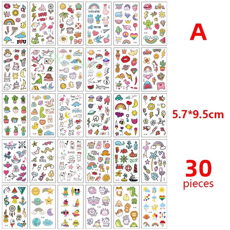 

Водостойкая Временная тату-наклейка, 30 шт./лот, милые Мультяшные животные, любовь, кактус, радуга, солнце, луна, маленький динозавр, флэш-узор