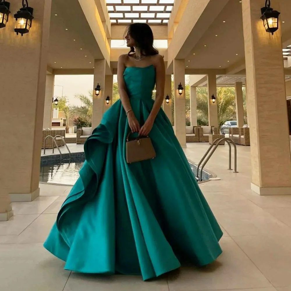 

Katerina Satin A Line Saudi Arabic Evening Dresses Pleats Rouched Floor Length Dubai Evening Party Dress 2023 robe de soirée