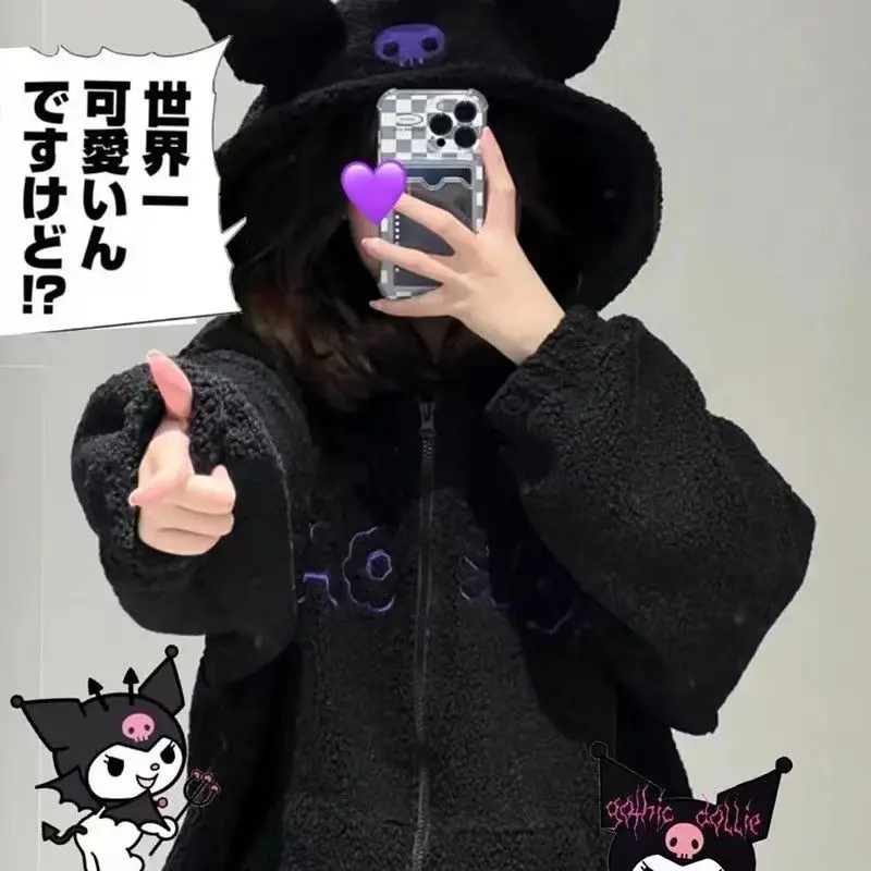 

Embroidery Kuromi Hoodie Winter Girl Thicken Loose Black Hooded Kawaii Jk Coat Girl Jacket Wrap Surcoat Greatcoat Student Gift