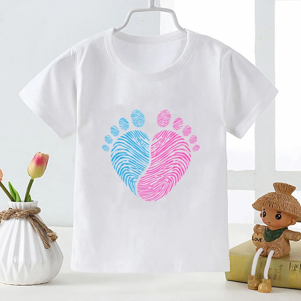 

New Children's T-shirt Cute Baby Footprint Love Print Girl/boy T-shirt Casual Top White T-shirt Short Sleeve Clothing 3-13Y