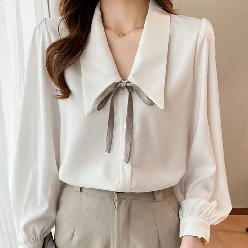 Женская шифоновая рубашка с длинным рукавом белая Свободная блузка во