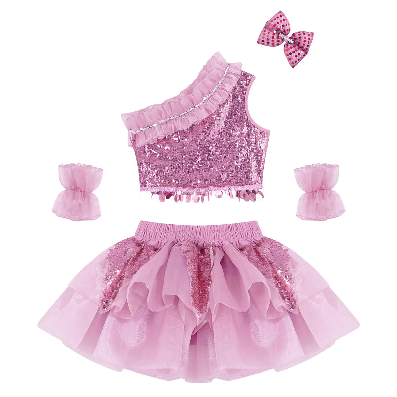 

Kids Girls Dance Costume Sequin Oblique Shoulder Tops and Veil Skirt with Bowknot Hair Clip and Cuffs Children Performance Sets