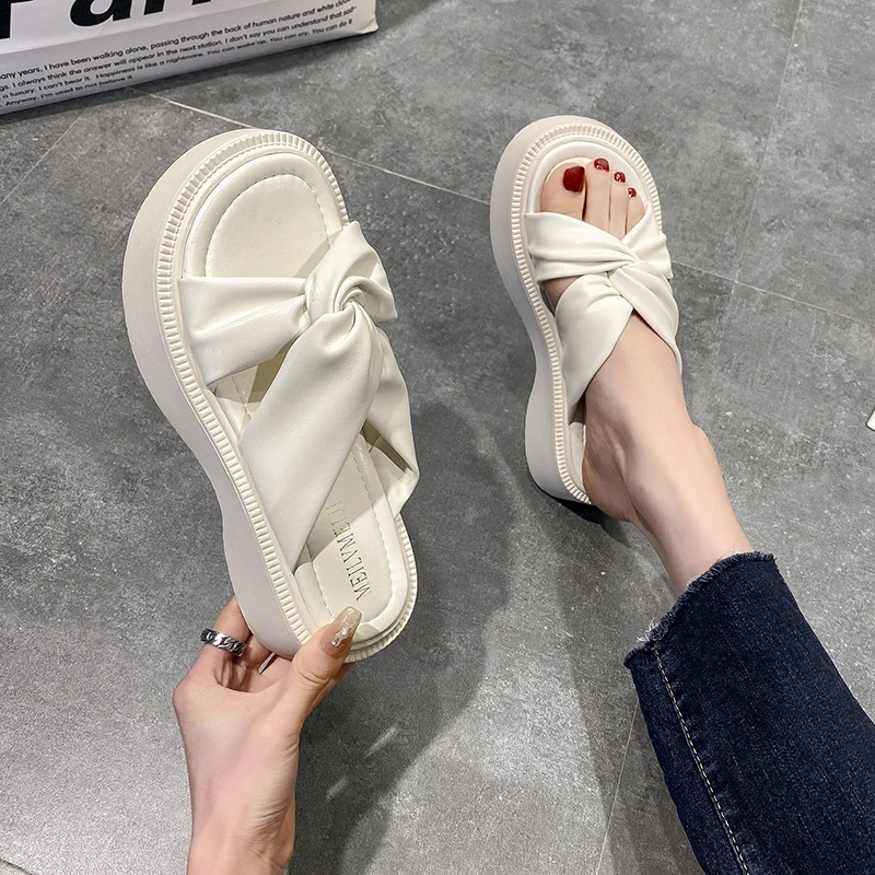 

Flat Shoes Women Bow Slippers Casual Platform Slippers Women Luxury 2022 Basic PU Rubber Cotton Fabric