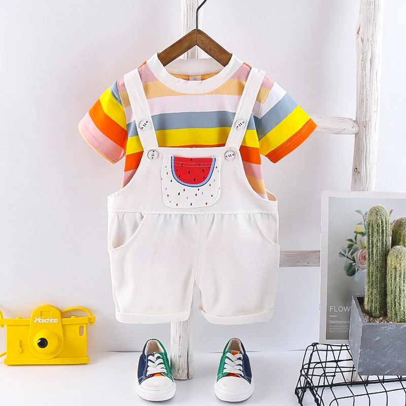 

Children's Summer Casual Stripe Suit Boys And Girls Cartoon Printing Watermelon Set Baby New Design Cotton Boutique Outfit