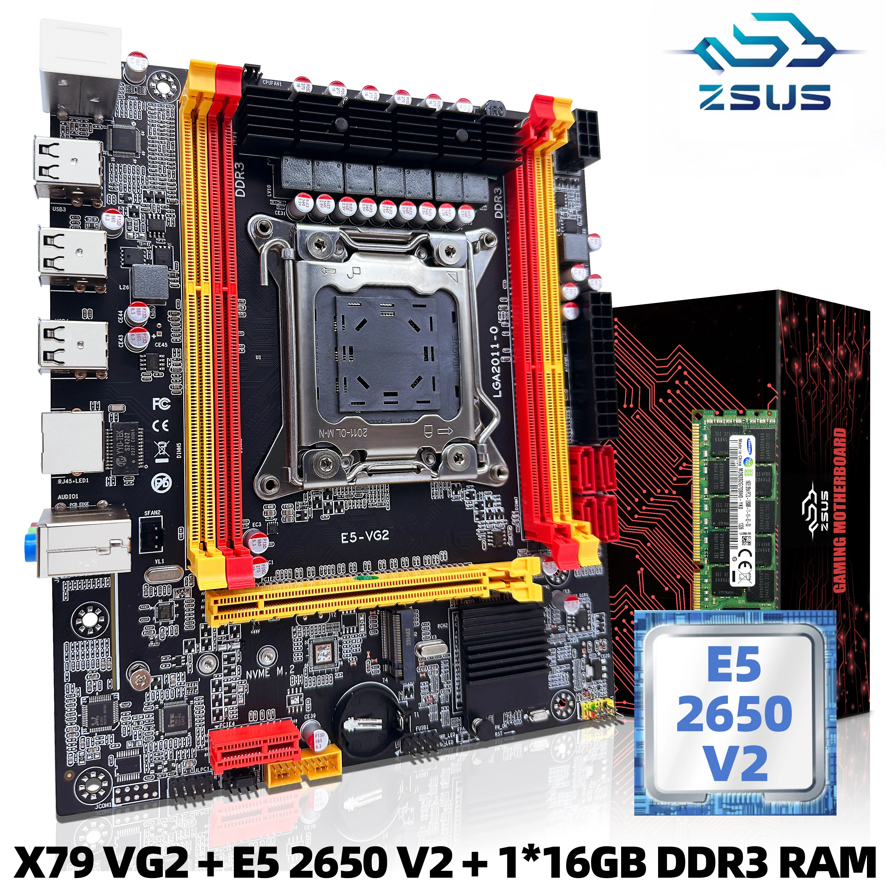 ZSUS X79 VG2 Motherboard Set Kit With Intel LGA2011 Xeon E5 2650 V2 CPU DDR3 1*16GB 1600MHZ ECC RAM Memory NVME M.2 SATA