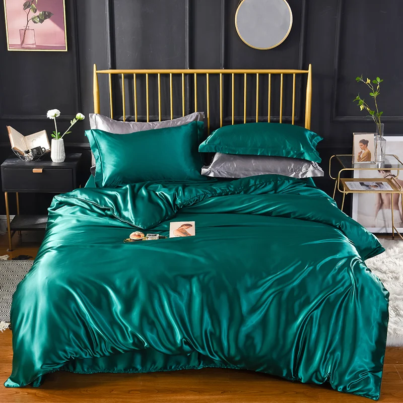 

Summer Cool Solid Ice Satin Silk Duvet Cover Super Soft Cozy Family King Size Double Bed Quilt Luxury Bedding Set