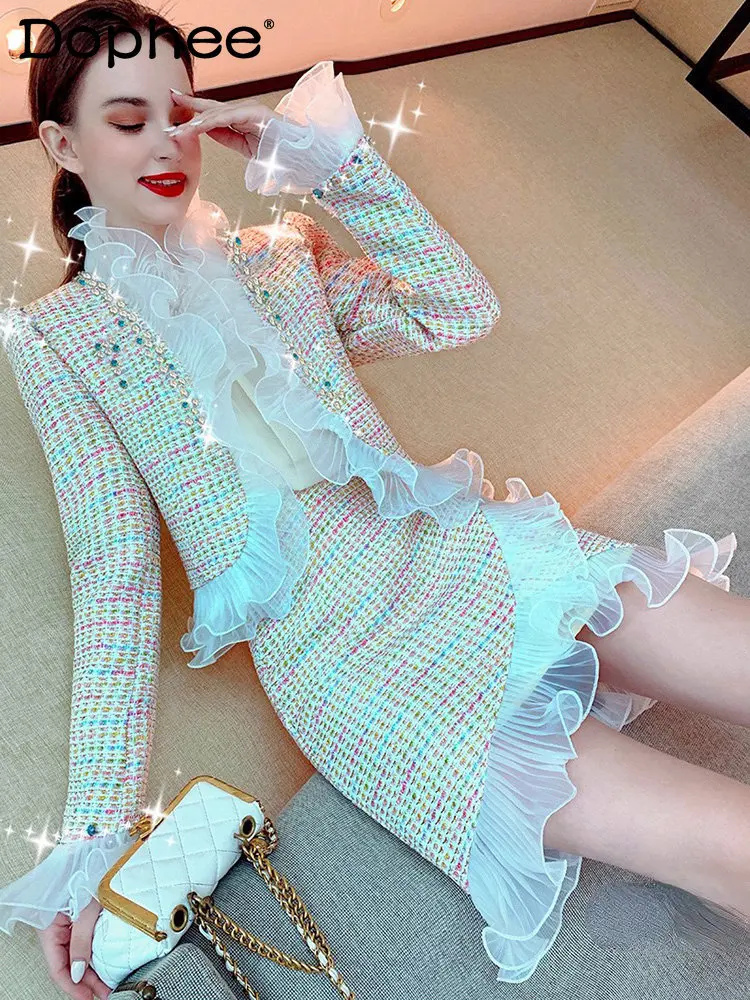 Women's Chic Suit Two Piece Tweed Skirts Sets 2022 Autumn Korean Style Beads Ruffled V Neck Short Jacket & High Waist Skirt