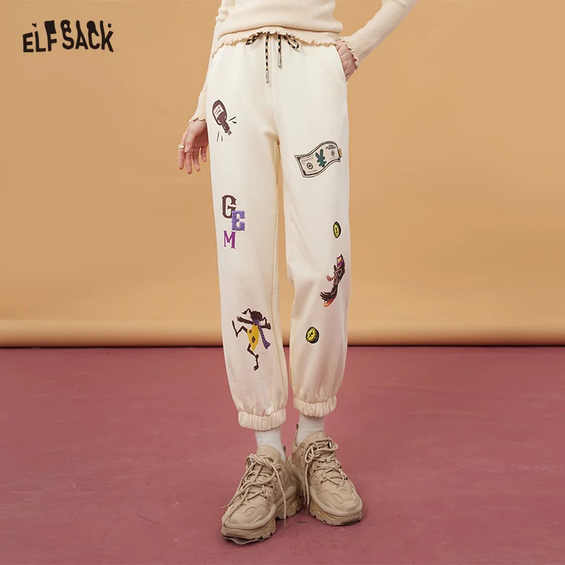 ELFSACK White Printed Fleece Pants Women 2022 Autumn/Winter Loose Casual Daily Trousers