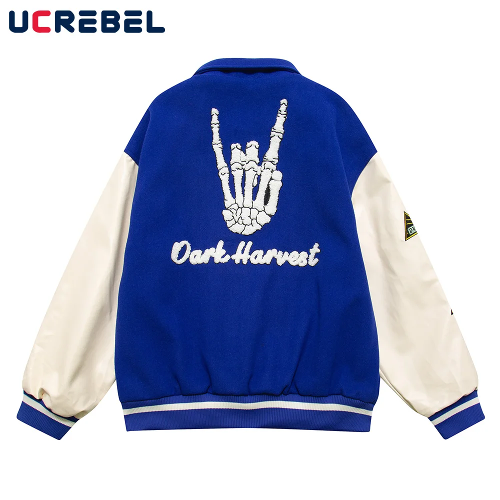 

Skeleton Towel Embroidery Jacket Mens Autumn Winter Lapel Loose Streetwear Sleeve PU Jacket Baseball Uniform Outerwear Men