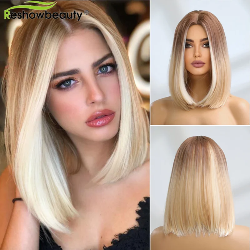 

Straight Short Bob Wig With Bangs Synthetic Wigs For Women Green Blonde Ombre Brown Lolita Cosplay Party Natural Hair Perruque