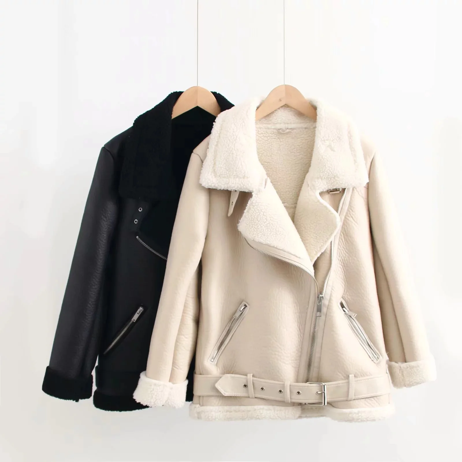 

Faux Fur Leather Warm Coats Female Zipper Outwear Winter Women Soild Thickness Fashtion Black Whtie Fur Sheep Skin Jacket
