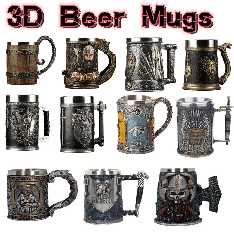 

3D Beer Mugs Coffee Cups Gothic Goblet Iron Throne Tankard Stainless Steel Resin Wine Glass Mug 600ML Skull Father's Day Gift