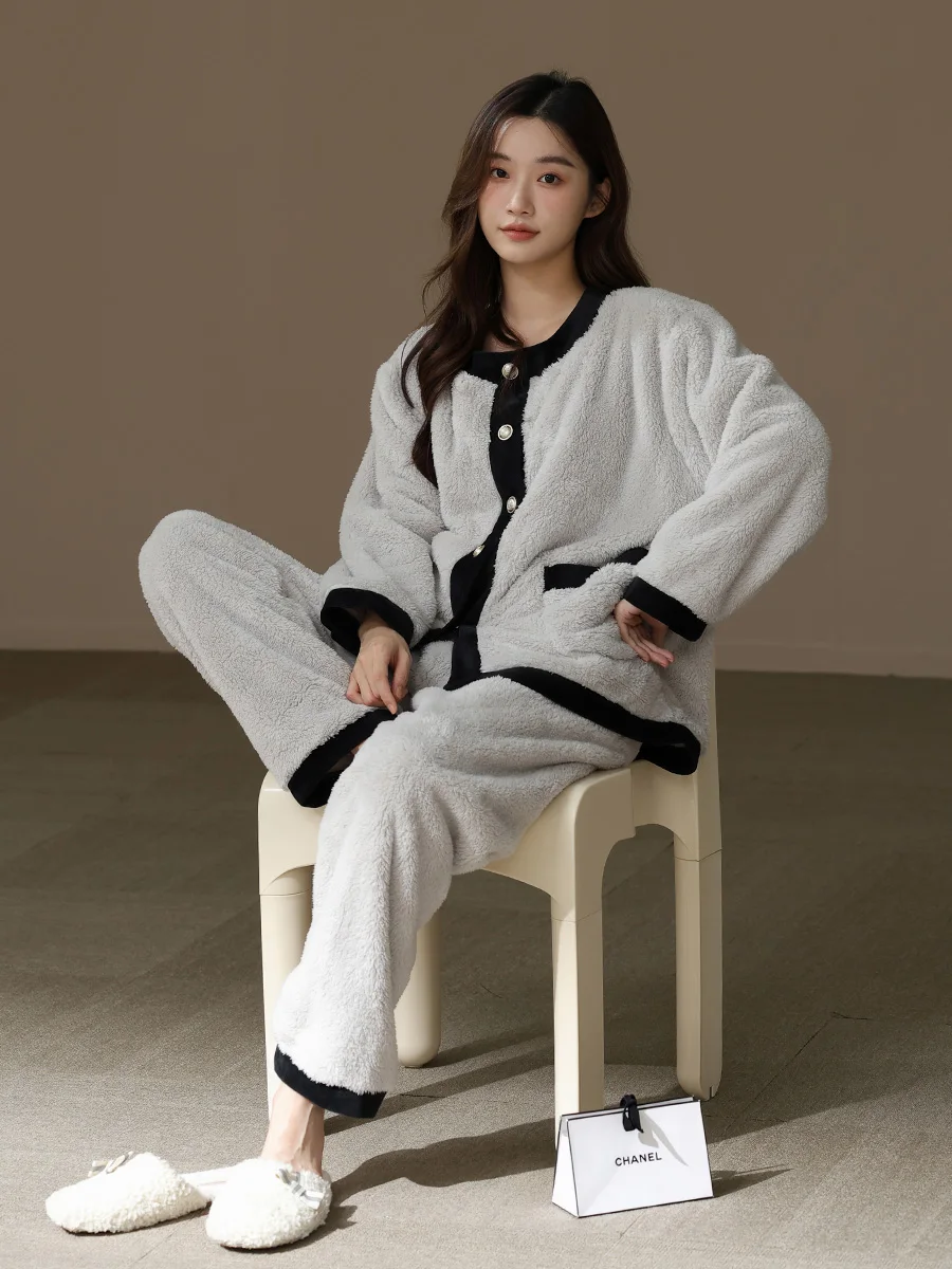 [Утолщенная флисовая подкладка] Женские теплые пижамы осенне-зимний комплект из