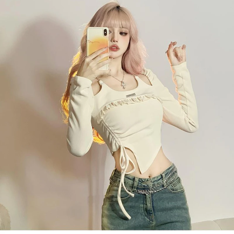 

Deeptown Y2k сказочная цепочка, Женская Корейская Необычная футболка с длинным рукавом и кулиской, милые облегающие однотонные футболки с рюшами