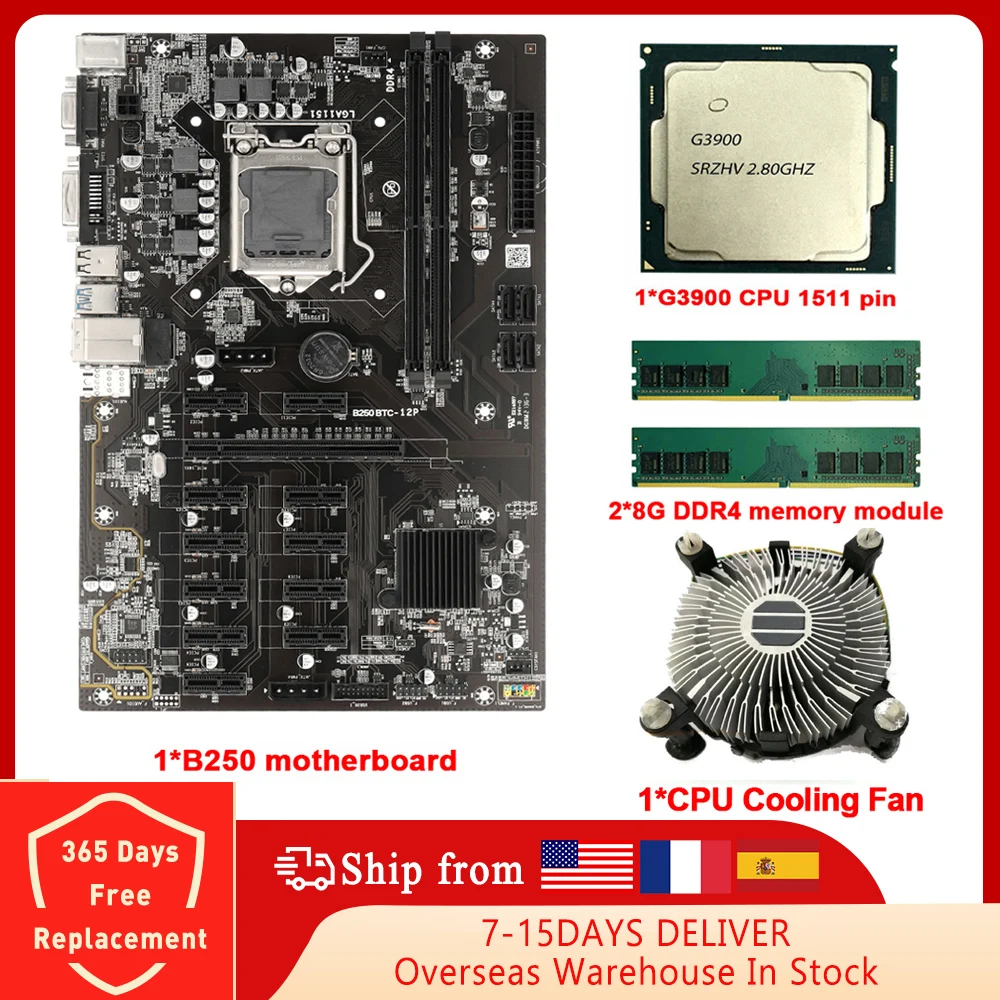 

B250 BTC Mining Motherboard Set G3900 CPU LGA 1151 Kit 4/8G DDR4 12 PCIE x1 x16 Graphics Card GPU Support DVI VGA Bitcoin Miner