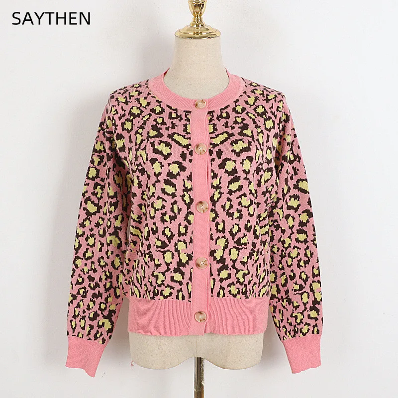 

SAYTHEN Autumn Spring 2023 New Single Breasted Pink Women Sexy Leopard Contrast Long Sleeve Knittwear Cardigan Sweater ST221214