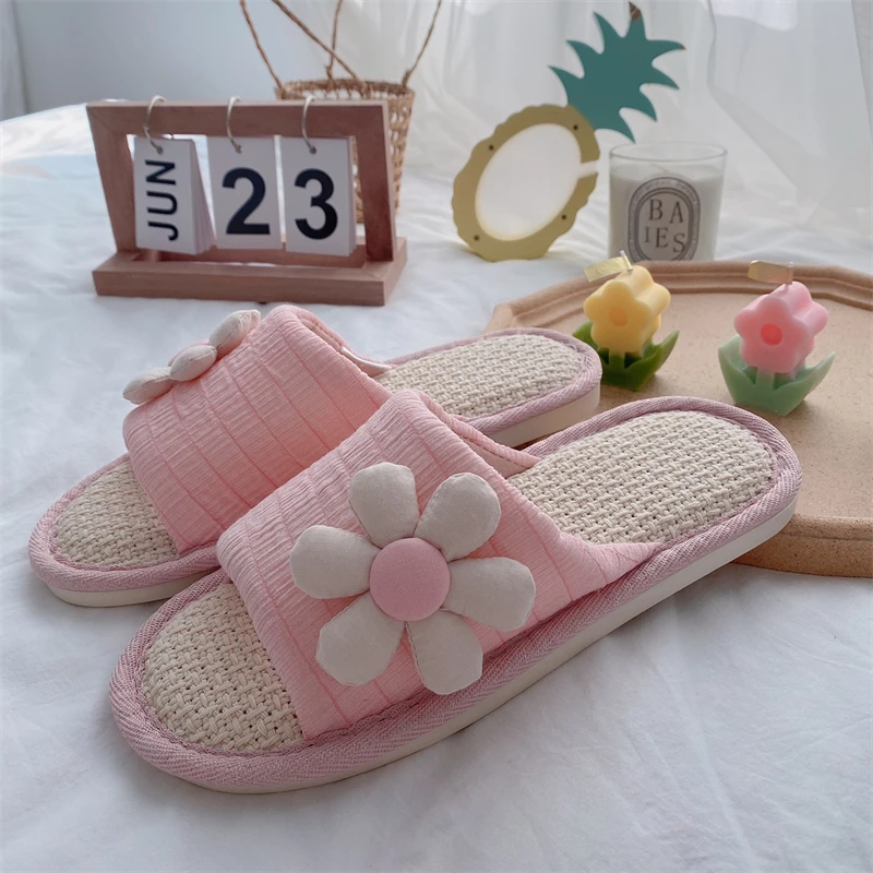 Cute Flower Slippers Solid Color Indoor Slippers Open Toes Lady Girl Flax Home Shoes Comfortable Flat Sweaty Non-slip Summer