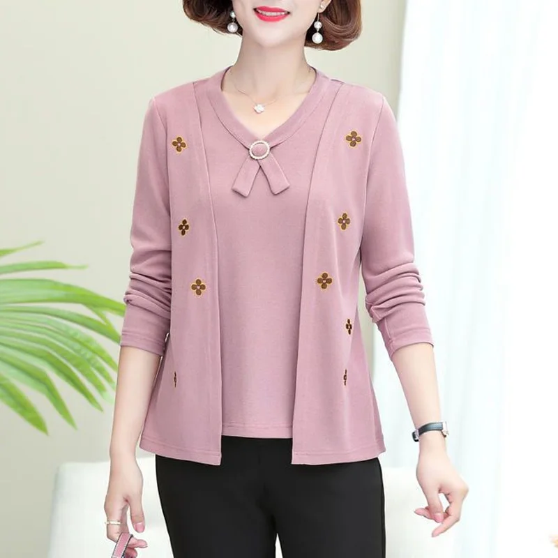 

2023 New Spring and Autumn Fashion Fake Two Piece Splice Lace Up Nail Bead Embroidery Casual Loose Oversized Women's T-shirt