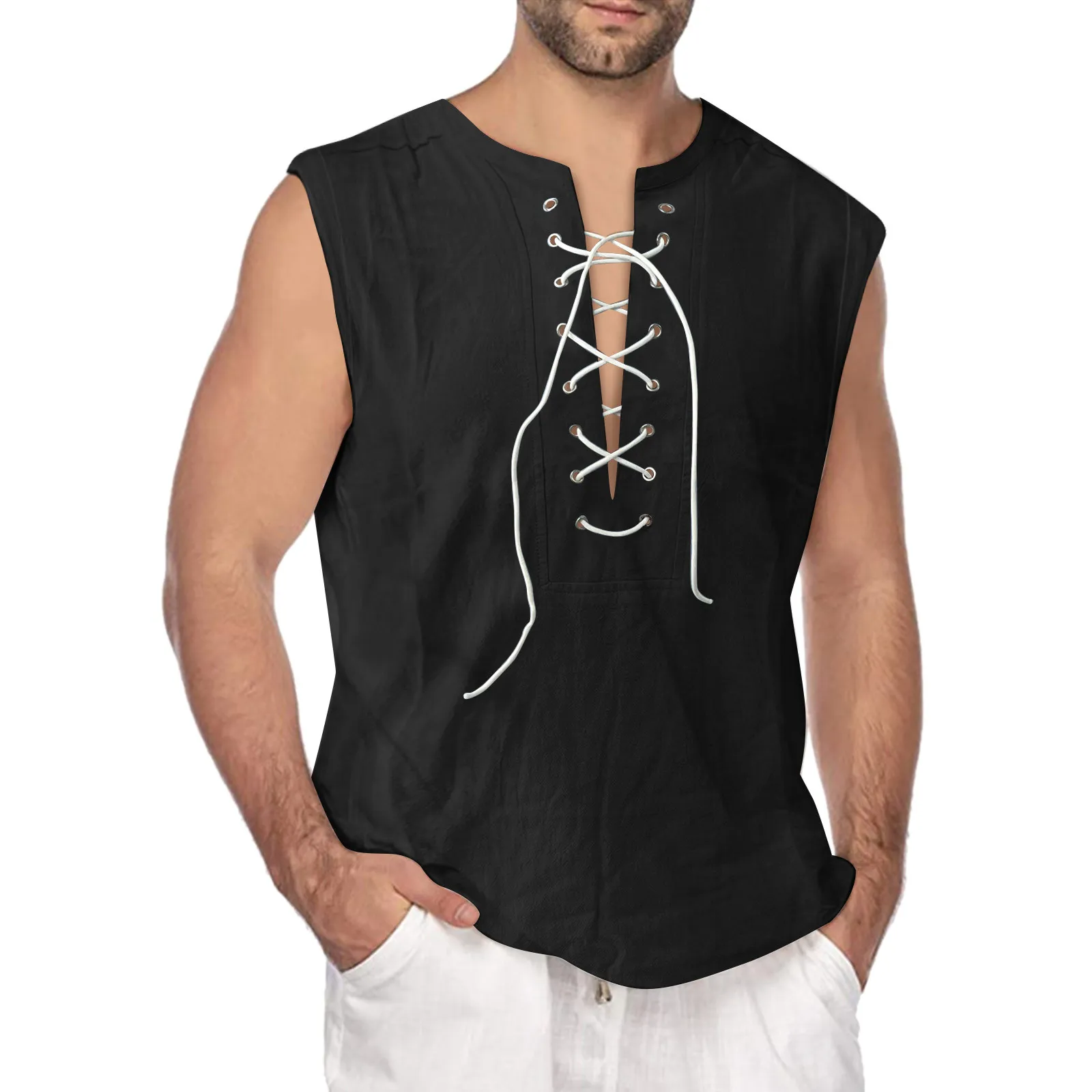 

Casual Summer Men Cotton Linen Tank Top Solid Color Sleeveless V Neck Bandage Loose Vest Tops Sport Men's Shirt Clothing 4