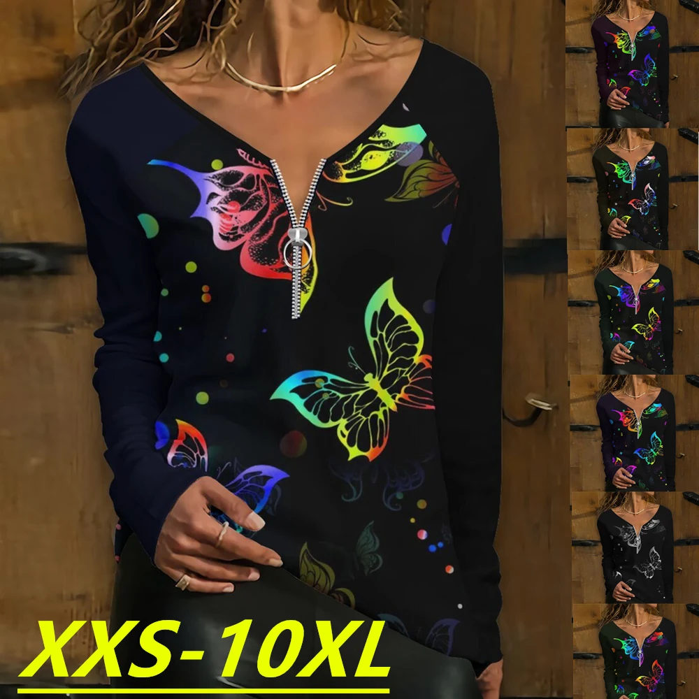 

Autumn and Winter 2022 New Fashion Women's Butterfly Print Long Sleeve Zipper V-Neck Casual Plus Size Top XXS-10XL