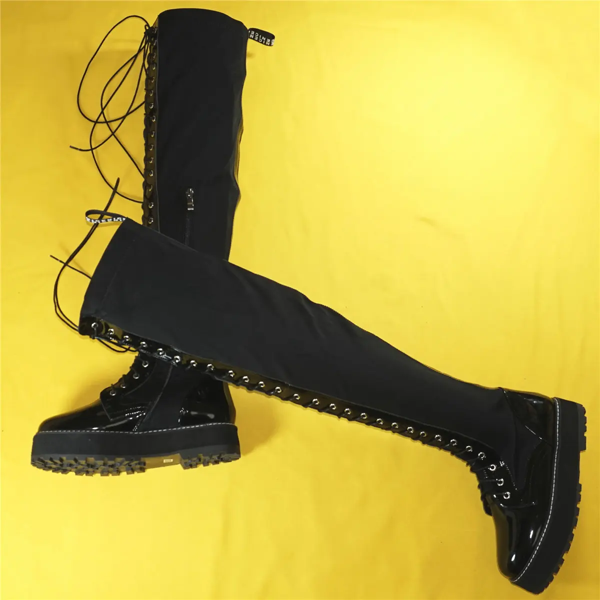 Thigh High Fashion Sneakers Women Lace Up Patent Leather Over The Knee Boots Female Stretch Fabric Platform Pumps Casual Shoes