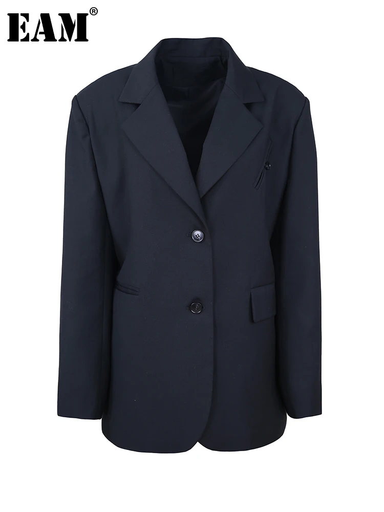 

[EAM] Women Black Brief Elegant Irregular Blazer New Lapel Long Sleeve Loose Fit Jacket Fashion Tide Spring Autumn 2022 1DF0791