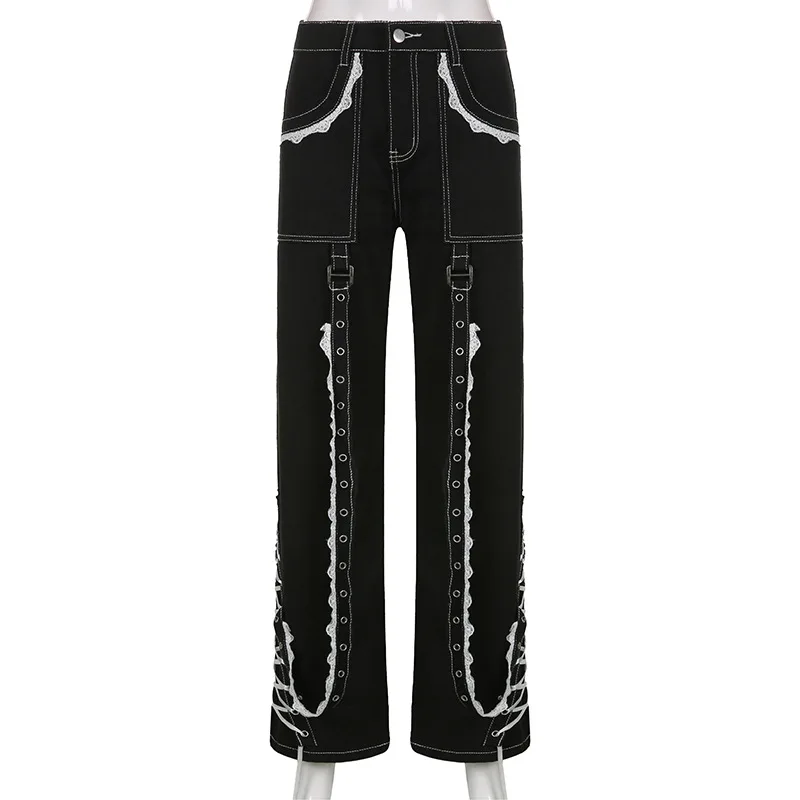 Gothic Women Baggy Jean Aesthetic Lace Up Patchwork Dark Academia Streetwear Punk Bandage Denim Pants Straight Pants