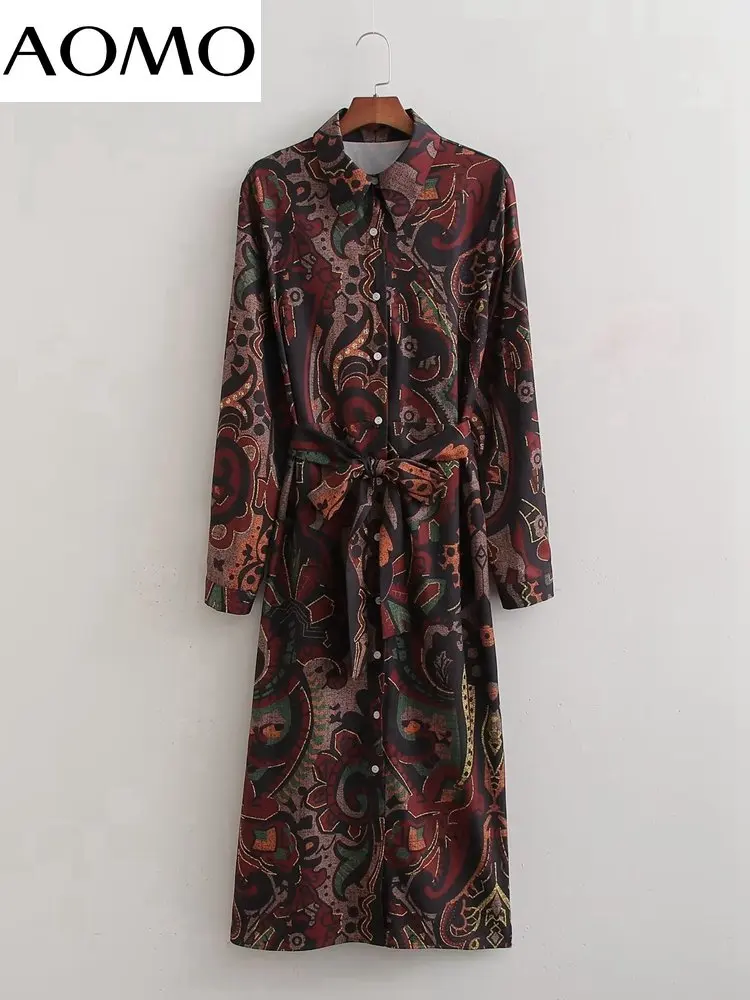 

AOMO 2022 Fashion Floral Printed Midi Dress With Slash Vintage Long Sleeve Female Dresses 1D101A