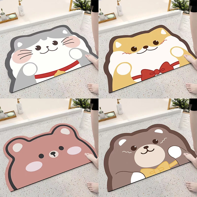 

Korean Cartoon Door Mat Shiba Inu Cat Bathroom Bath Mat Washable Anti-slip Bathtube Side Foot Pad Super Absorbent Quick Dry Rugs