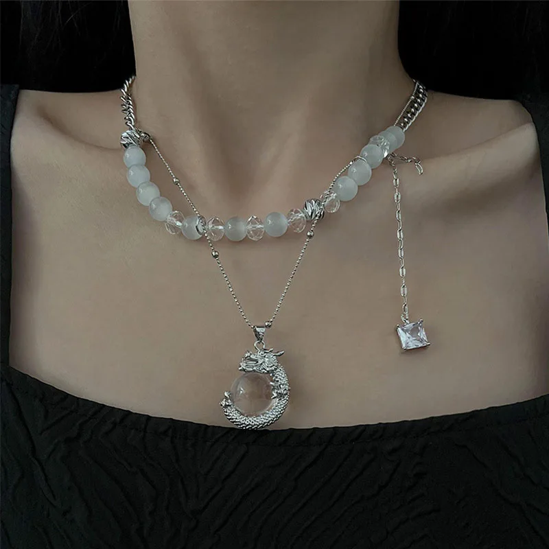 

VENTFILLE 925 Sterling Silver Opal Cat's Eye Stone Necklace for Women Girl Double Layer Retro Trend Jewelry Gift Dropshipping