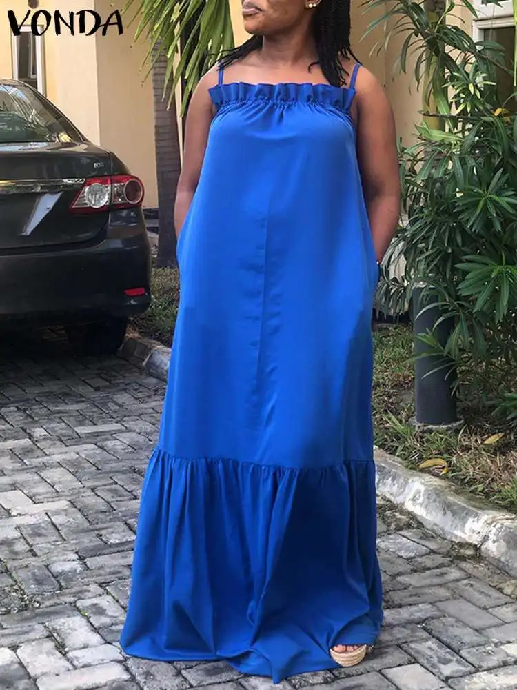

VONDA Women Elegant Satin Silk Maxi Dress 2022 Summer Casual Solid Slip Bohemian Ruffled Vestidos 3/4 Sleeve Party Long Sundress