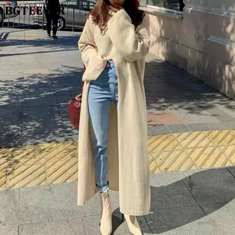 

NEW 2023 Fashion Turtleneck Split Long Women Sweater 2020 Autumn Winter Knitting Tops Elegant Loose Female Knitted Pullovers