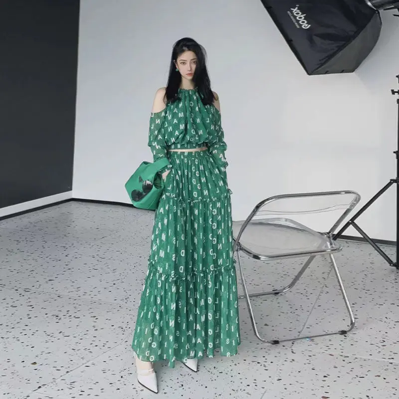 2023 Summer New Women Dress Vintage Print Green Round Collar Long Sleeve A-line Ankle Length Casual Female Elegant Vestidos M393