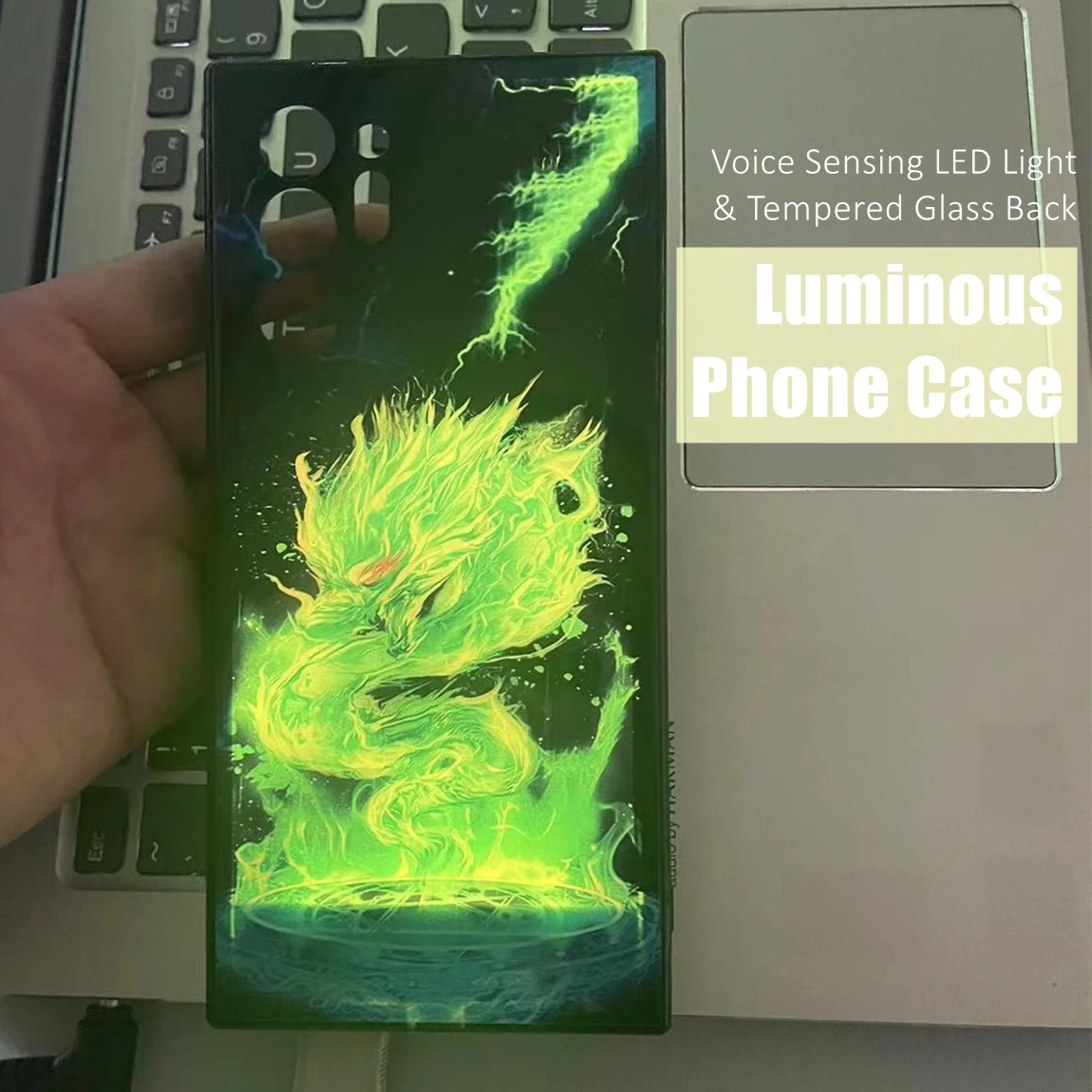 

Roar Dragon Colorful LED Light Glowing Luminous Tempered Glass Back Phone Case for iPhone 11 12 13 14 X Xs Xr Mini Pro Max Plus