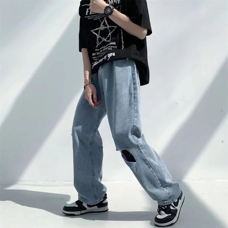 Summer Ripped Blue Jeans Men Fashion Casual Straight Baggy Jeans Men Streetwear Loose Hip Hop Hole Denim Pants Mens S-5XL