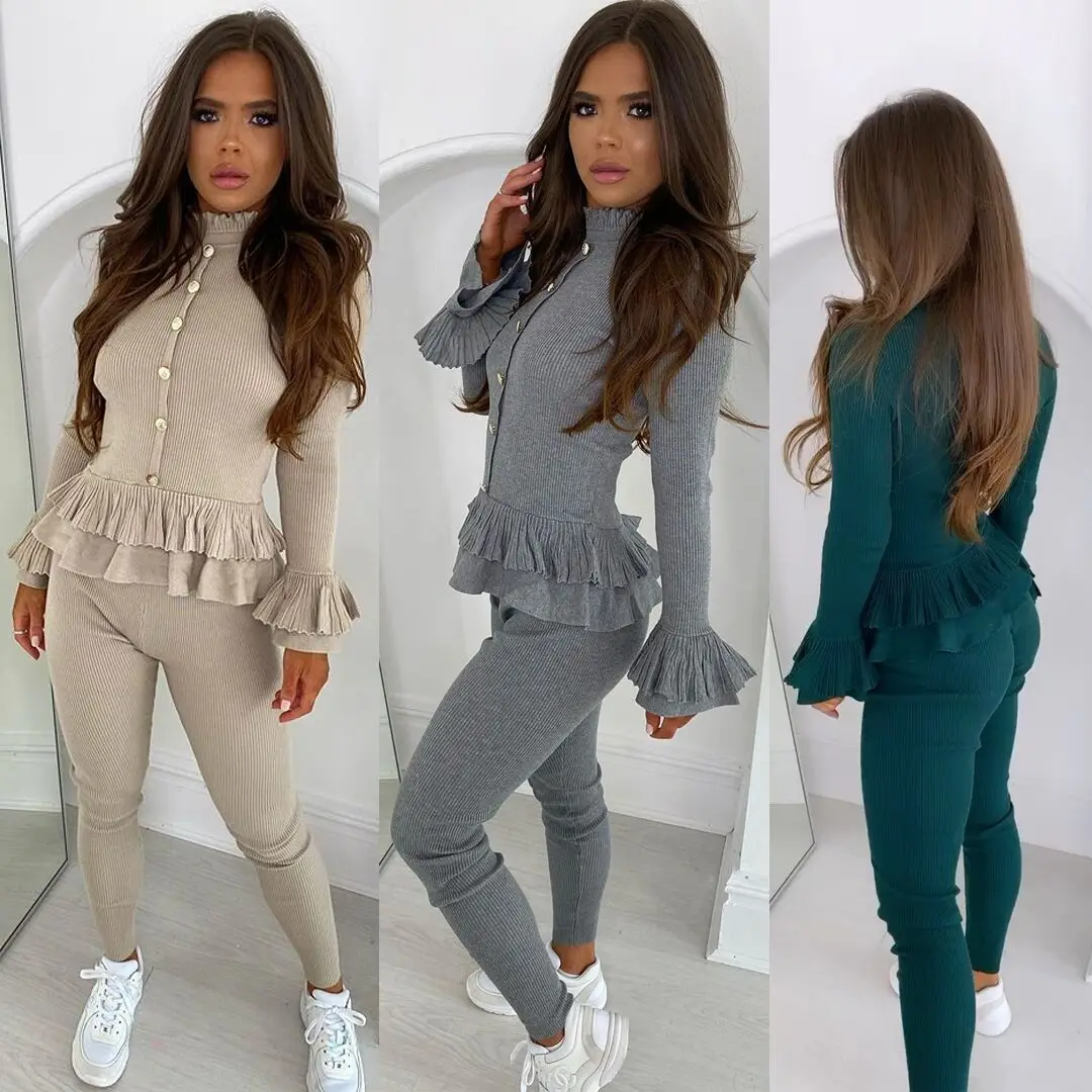 

2 Piece Set Women Solid Ruffles Ribbed Tops and Elastic Stretchy Bodycon Pant Office Lady Sweatsuits Elegant Two Piece Outfit