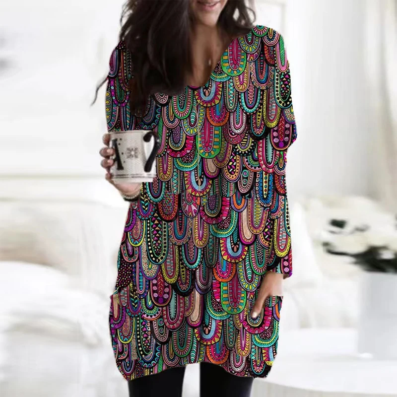

Vintage Women Printed Blouse 2022 Autumn Winter V Neck Embroidery Shirt Tops Fashion Ladies Office Long Sleeve Pockets Pullover
