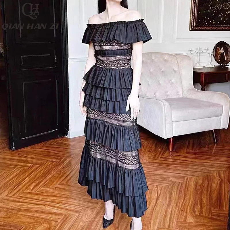 

QHZ Designer Fashion Runway Maxi Dress for women Slash neck Embroidered cutout Slim black party Cascading Ruffle long dress