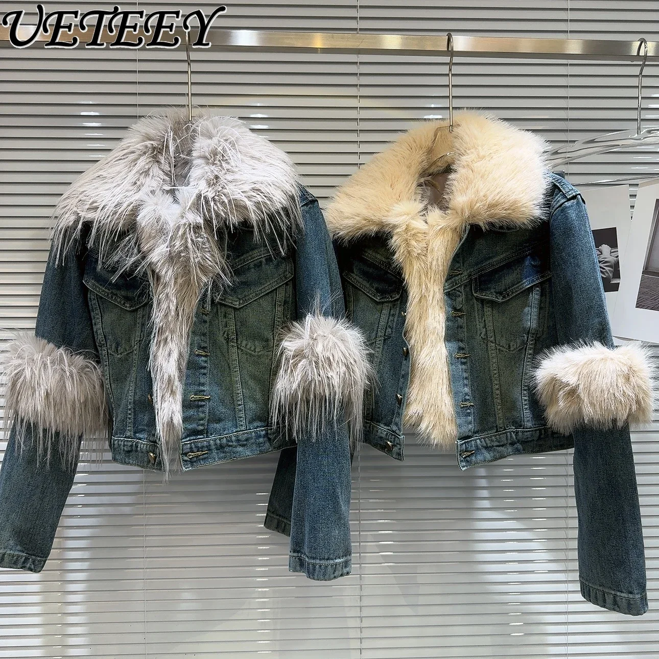 

Новинка Зима 2023, нишевая джинсовая куртка с меховым воротником, промытая и изношенная стеганая подкладка, короткое пальто для женщин