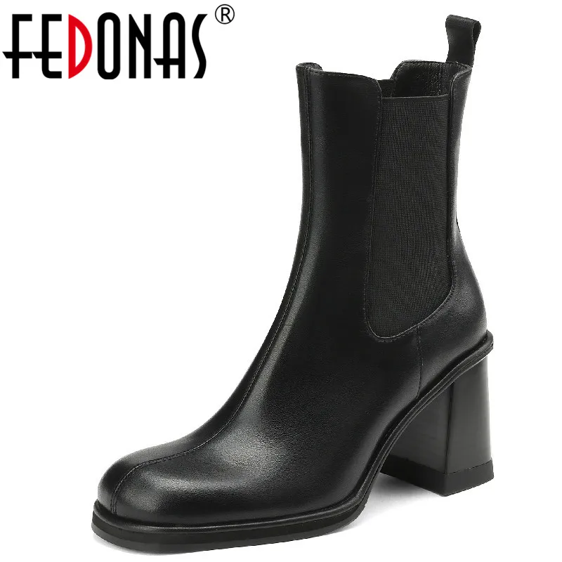 

FEDONAS Women Genuine Leather Ankle Boots Office Ladies Casual Outdoor Genuine Leather Thick Heels Shoes Woman Autumn Winter