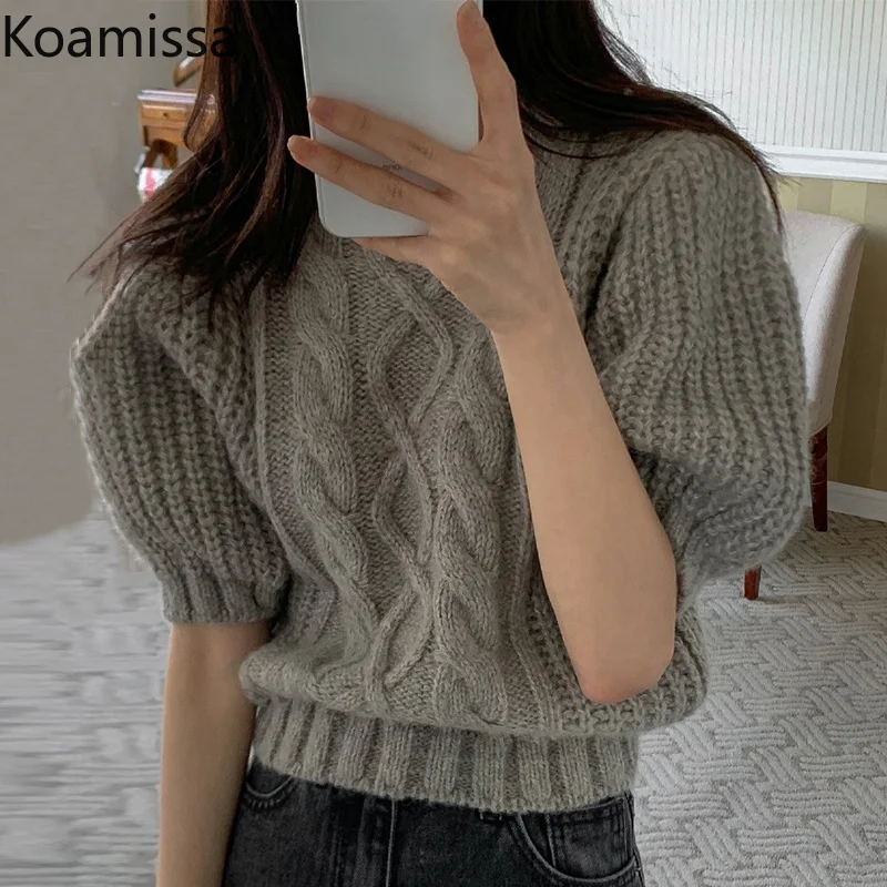 

Женский трикотажный свитер с круглым вырезом, с коротким рукавом-фонариком